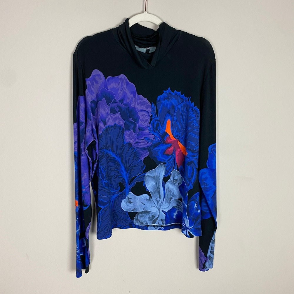 THE KIT Floral Indigo Iris Mock Neck Top Women 3X Bamboo Long Sleeve Artsy Bold